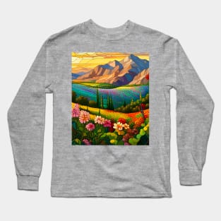 Stained Glass Colorful Mountain Meadow Long Sleeve T-Shirt